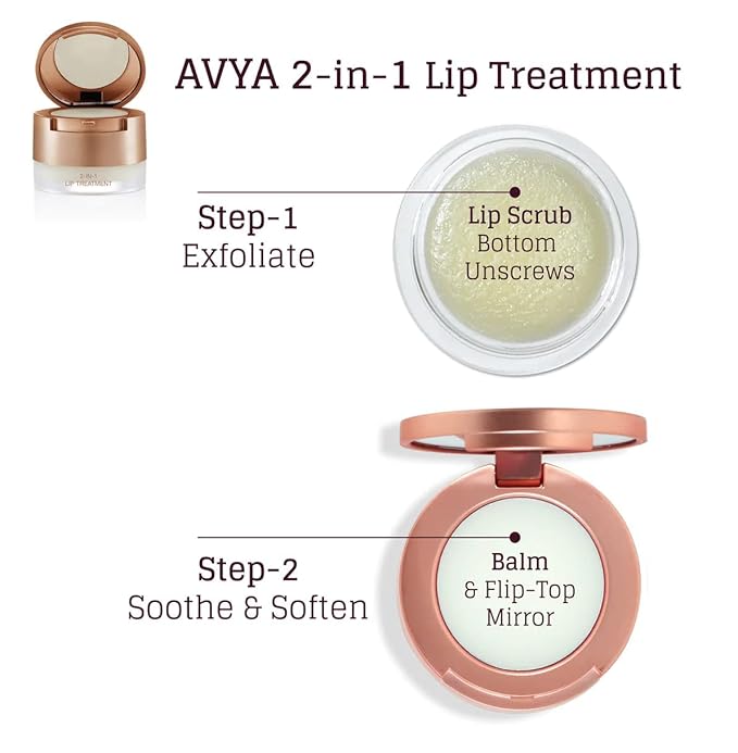 Avya Skincare Two-In-One Lip Treatment/Sugar Scrub Exfoliates and Softens Lips/Balm with Marula and Mango Moisturizes and Nourishes / .07oz