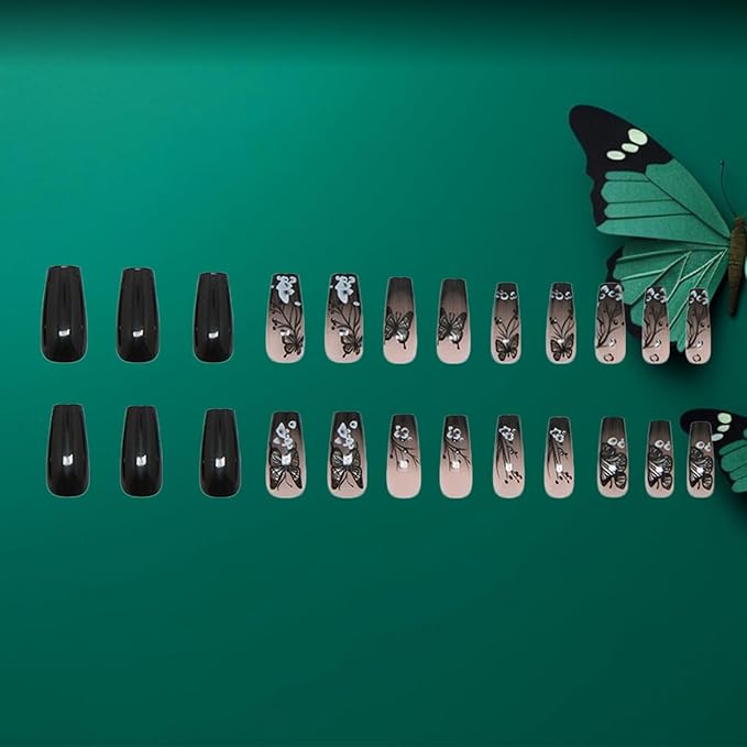 24Pcs Black Butterfly Press on Nails Glossy White Flower Medium Coffin False Nail Gradient Acrylic Full Cover Fake Nails French Gel Glue on Fingernails Ombre Stick on Nail for Holiday Manicure Art
