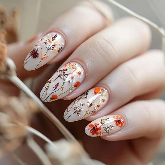 Flower Press on Nails Long Almond Fake Nails Glossy Nude False Nails Summer Flowers Design Acrylic Reusable Stick on Nail Full Cover Daisy Glue on Nail Art for Women DIY Salon Manicure Kit
