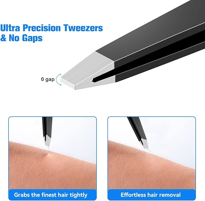 Tweezers for Women Facial Hair, 4Pcs Professional Beauty Tools Stainless Steel Precision Eyebrow Tweezers for Splinter Blackhead and Ingrown Hair Removal, Black