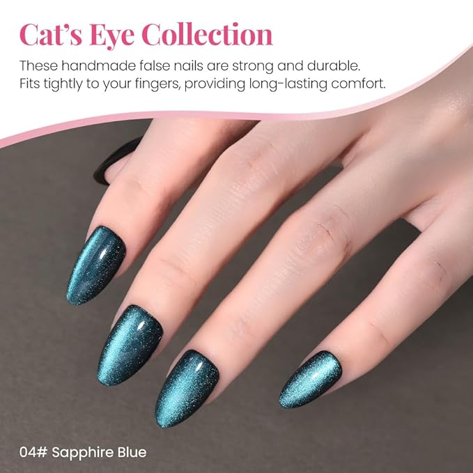evpct Dark Blue Purple Press on Nails Almond Short, Purple Sapphire Blue Cat Eye Glitter Press on Nails for Women Gift, Soft Gel Press Glue On Nail with Nail Glue 60Pcs Reusable Acrylic Fake Nails Kit