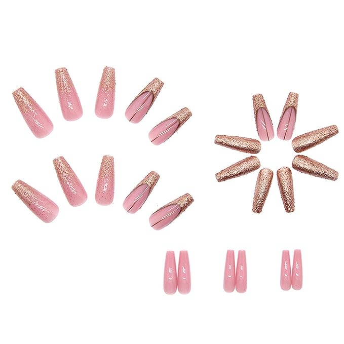 Extre Long Press on Nails Coffin Long Fake Nails with Golden Glitter Design Brown Lines French Tip Glue on Nails Purple-Pink False Nails Press ons Glossy Artificial Stick on Nails for Women 24Pcs