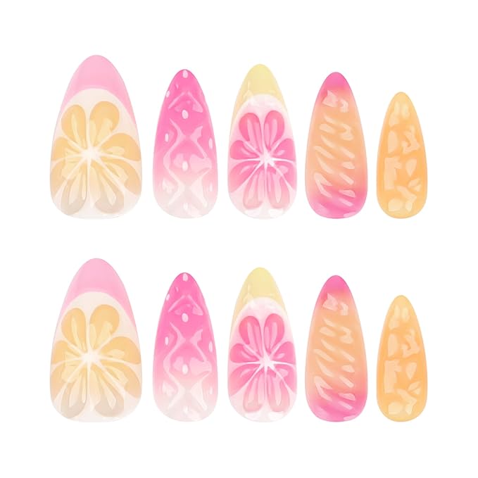 Handmade 3D Fruit Orange Press On Nails Medium Almond, 3D Ananas Grapefruit French Tip Designer Reusable Acrylic Fake Nails With Glue On Nails, Nails Press Ons Daily Wear For Women Gift