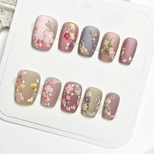 Fall Flower Press on Nails Short Fake Nails with 3D Floral Designs Matte Embossed Flowers False Nails Artificial Acrylic Nail Press ons Reusable Summer Stick on Nails for Women DIY Manicure,30pcs