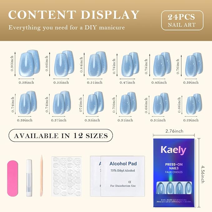 evpct Light Blue Cat Eye Coffin Press on Nails Square Medium, Medium Square Glue on Nail for Women, Light Blue Metallic Glitter Glossy Reusable Summer Soft Gel Press on Acrylic Fake Nail with Designs