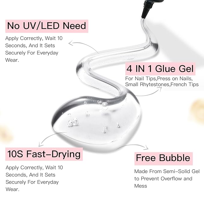 Curvlife 10g Semi-Solid Glue and 20ml Pinpoint Glue Remover Kit - Gel for Press on Nails, Quick Dry No UV Lamp Needed with Gentle Non-Acetone Remover, Fake Nail Tips