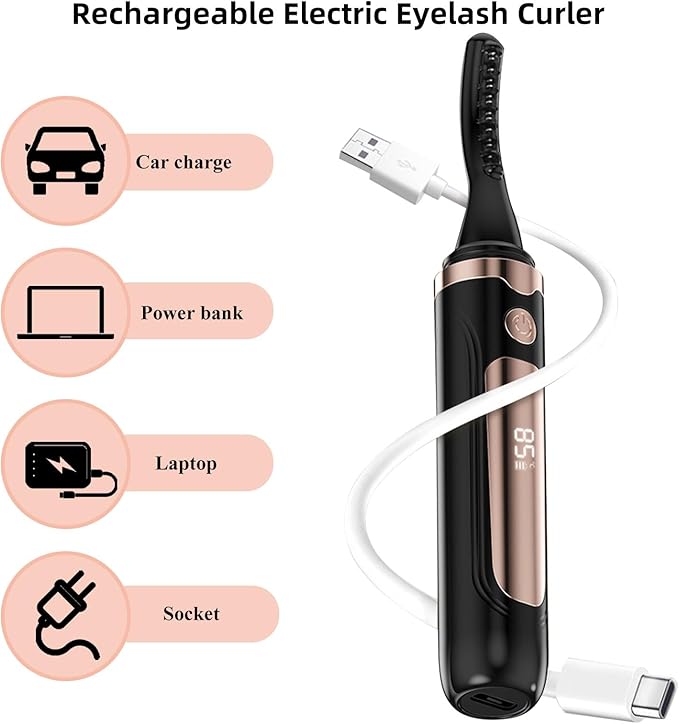 Heated Eyelash Curlers, Electric Eyelash Curler with LED Display, Rapid Heating Eyelashs with 3 Temp Setting, Rechargeable Eye lash Curler, Natural Curling 24H Long Lasting for Makeup Tools (Black)