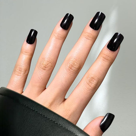Perfect Look Press On Nails - Black Mirror | No Glue One-Day Short Square Nails, Glossy Jet Black Fake Nails with Gloss Finish - 24 Pcs Nail Kit with Adhesive Tabs