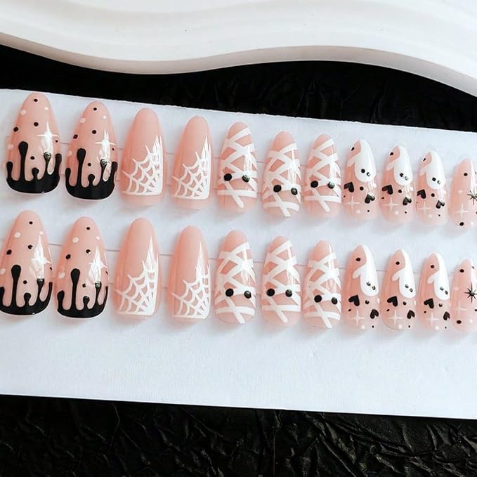 24Pcs Halloween Press on Nails Short Almond Ghost Fake Nails White Spider Web Mummy with Black Bloody Drop Horror Design Full Cover Glue on Nails Cute Ghost False Nails for Acrylic Holiday Manicure