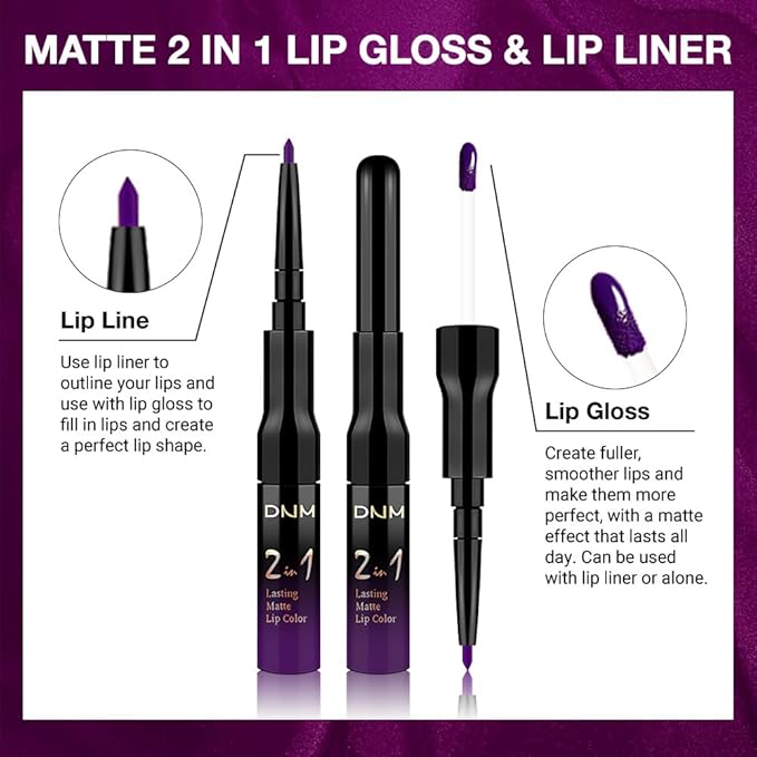 1Pcs 2 in 1 Purple Matte Lip Liner and Liquid Lipstick Stain Makeup Set for women, Purple Long Lasting Smudge Proof Lip Tint Matte Finish Lip Gloss for All-Day Color Hold Easy to Use 52#