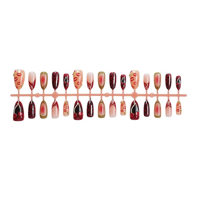 30Pcs French Press on Nails Medium Length Almond Fake Nails with Beads Design Nails Tips Red Lips Press on Cute Stick on Nails Handmade False Fingernails for Women DIY Manicure