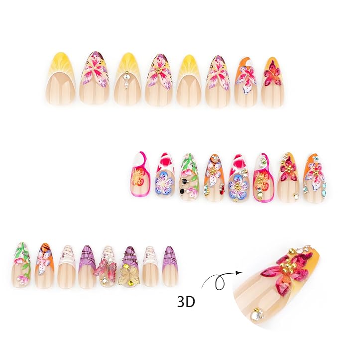 24pcs Colorful Flower Press on Nails Medium Almond Fake Nails with 3D Summer Floral Butterfly Rhinestone Design Glue on Nails French Tip False Nails Gold Beads Acrylic Nails Stick on Nails for Women