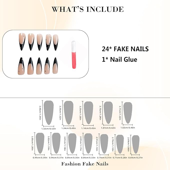 IMRAIN Long Press on Nails Stiletto Fake Nails Black French Tips False Nails with Rhinestone Designs Reusable Acrylic Nude Full Cover Glue on Nails 24Pcs