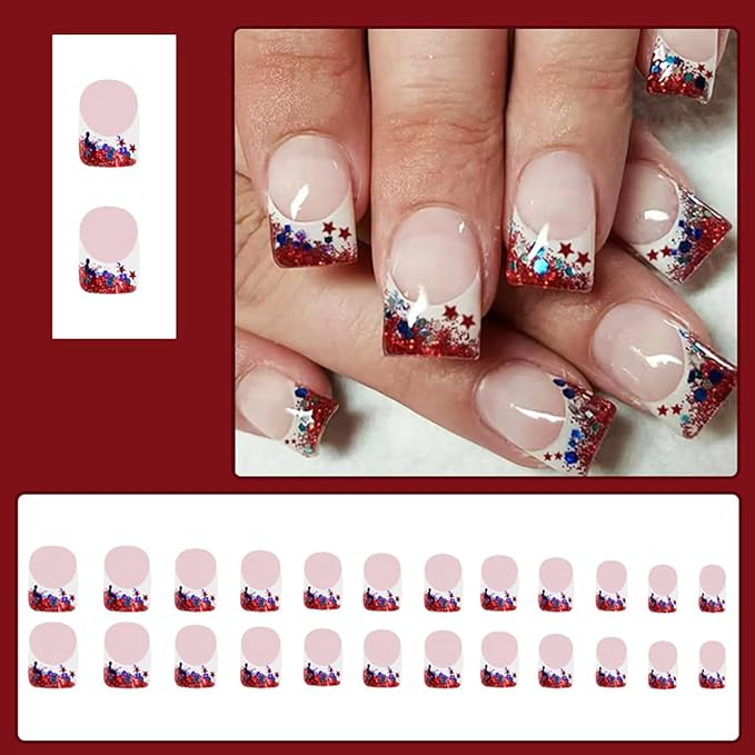 24Pcs Independence Day Nails French Tip Press on Nails Short Square Fake Nails Glitter Star Tip Glue on Nails 4th of July False Nails Patriotic Acrylic Nails for Women Independence Day Artificial Nail