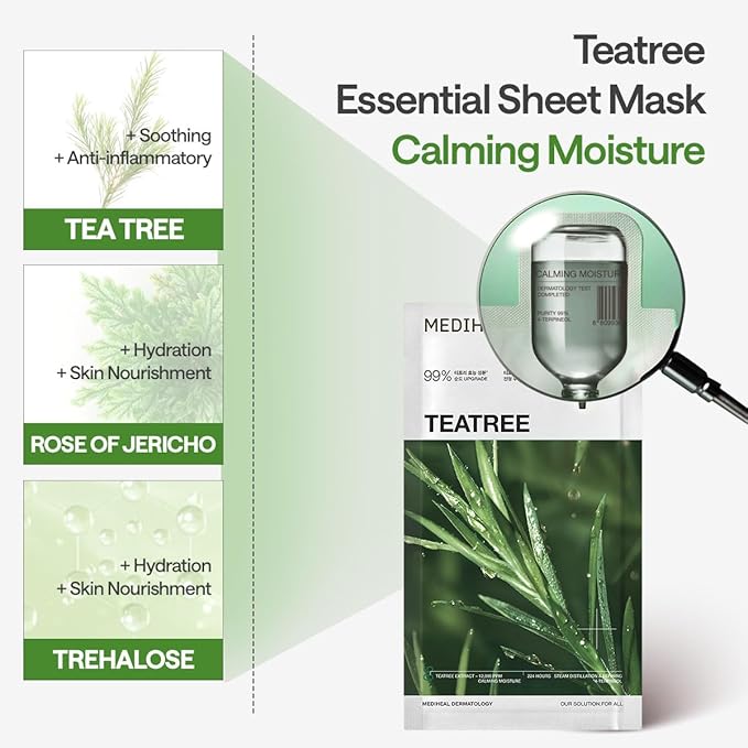 Mediheal Teatree Essential Sheet Mask Calming Moisture 10 pcs. 99% Pure Teatree & Teatree 7X for intensive soothing and hydration. Suitable for acne-prone skin. Vegan formula