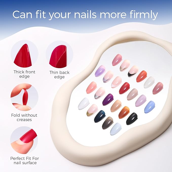 Press on Nails Kit 576 Pcs 24 Colors, Short Almond Glossy French Color Nail Tips With Nail Glue & Nail Tabs Stickers,Natural Fit Lightweight Nail Art for Women Girls