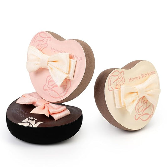 Heart-Shaped Makeup Sponge,Firm Bounce Rubycell, Foundation Sponge with Bow Tie Strap, for Precision Blending of Concealer/Cream Products, 3-Colors,Travel Friendly & Reusable & Storage Case