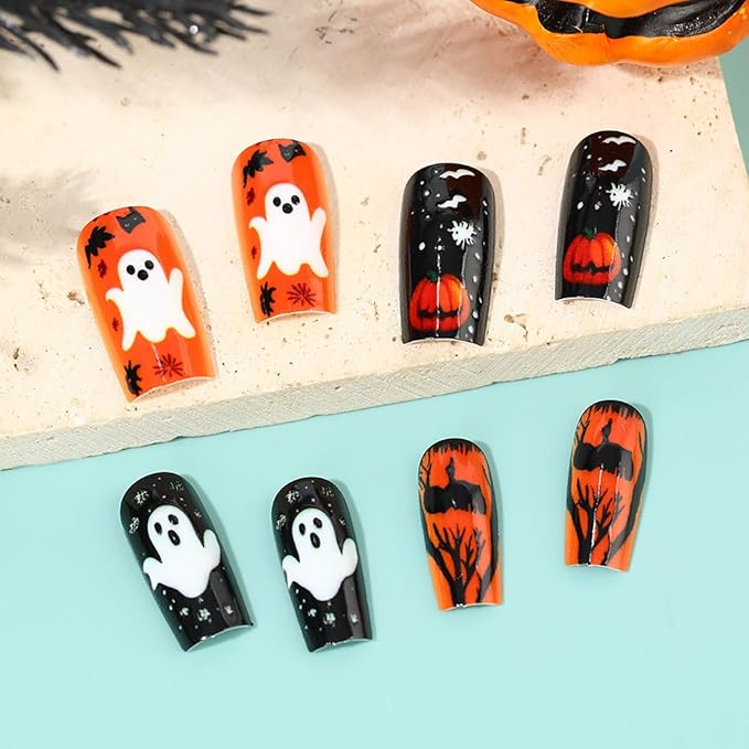 24Pcs Horror Pumpkin Press on Nails Medium Square Halloween Fake Nails Pumpkins Ghost Black Cat with Flower Full Cover Glue on Nail Goth False Nails Halloween Horror Stick on Nail for Women Acrylic