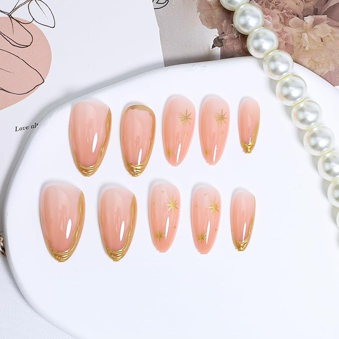 24Pcs Gold French Tip Press on Nails Almond Short Fake Nails Star Full Cover False Nails 3D Golden Stripe Glue on Nails Glossy Nude Acrylic Nails French Gold Artificial Nails Decoration for Women