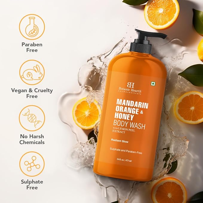 Botanic Hearth Mandarin Orange & Honey Body Wash | Shower Gel 16 Fl Oz With Lemon Peel Extract | Sulfate & Paraben | Free, Gentle Cleansing & Radiant Glow