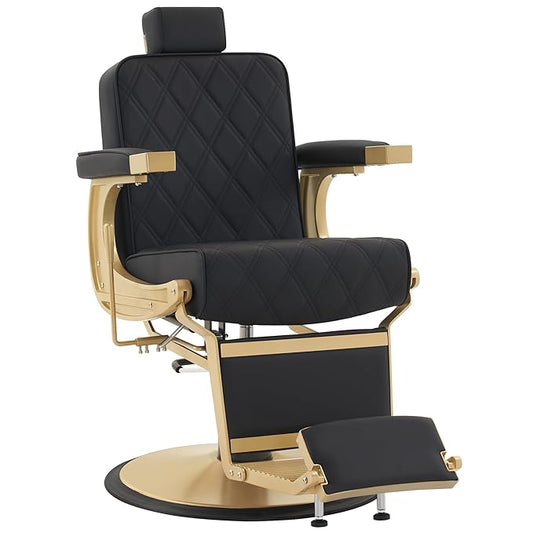 BarberPub Heavy Duty Metal Vintage Barber Chair All Purpose Hydraulic Recline Salon Beauty Spa Shampoo Equipment 3825 (Black with Gold Frame)
