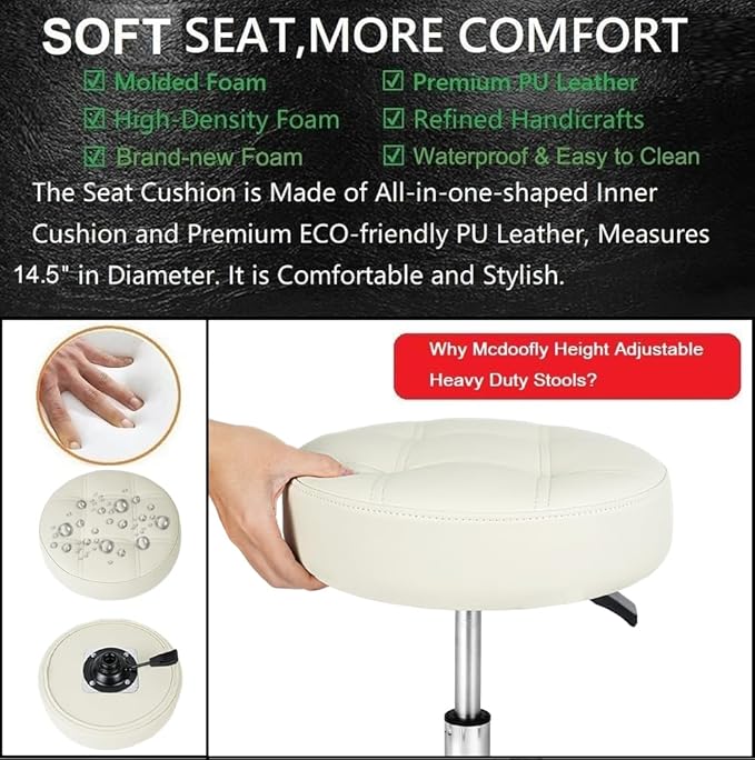 Adjustable Heavy Duty Stool - Rolling Stools with Locking Caster Wheels - Swivel Stools Backless Chair for Home Kitchen Office Shop Tattoo Lash Tech Pedicure(Off White, Height 22 to 30 in)