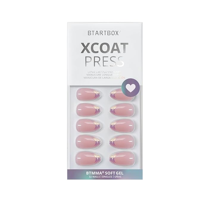 BTArtbox French Tip Press On Nails Almond - Press on Nails Short with Metallic Chrome Silver Finish, Supremely Fit & Natural Glue On Nails in 16 Sizes, Dazzling Pink