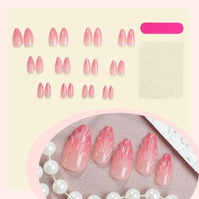 Almond Press on Nails Medium 3D Fake Nails Pink Cat Eye Acrylic Nails Glossy Ombre False Nails Jelly Line Design Full Cover Gradient Glue on Nail Press ons for Women Girls Manicure & Nail Art