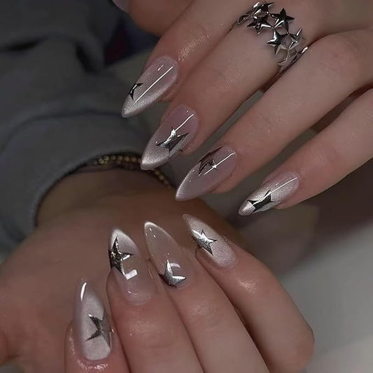 Medium Press on Nails Almond Cat Eye Nude Fake Nails Glossy Glue On Nails with 3D Silver Star Nail Art Designs, Decorative Thick Reusable Glossy Full Cover Stick on Nails for Women 24Pcs