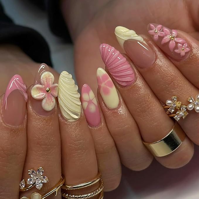 24Pcs Pink Flower Press on Nails Medium Almond French Tip Fake Nails with 3D Water Ripple Design Full Cover Artificial Glue on Nails Spring Summer False Nails Yellow Stick on Nails for Women DIY Kit