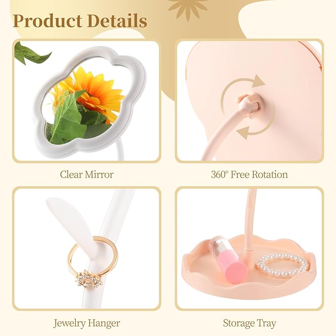 Homaisson 8 PCS Flower Shaped Spa Party Mirrors, Sunflower Makeup Mirror with Jewelry Hanger & Cosmetic Tray, Curved Stand Mirror Sleepover Party Favors