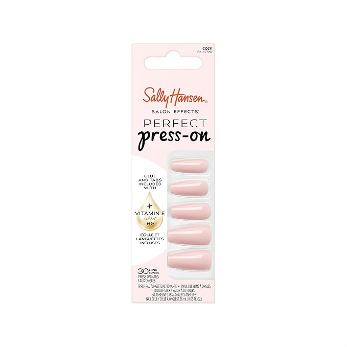 Sally Hansen Salon Effects Perfect Press-On Nails | Coffin Shape | Easy to Apply, Non-Damaging | 30 Nails, Nail Glue, Adhesive Tabs, File | Soul Pink