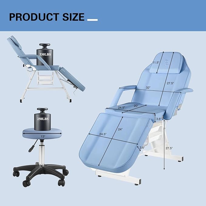 Facial Chair Massage Table 73in 3-Section Multipurpose Massage Bed Professional Tattoo Table Salon Spa Equipment for Facial Spa Beauty Spa Salon Equipment-Light Blue