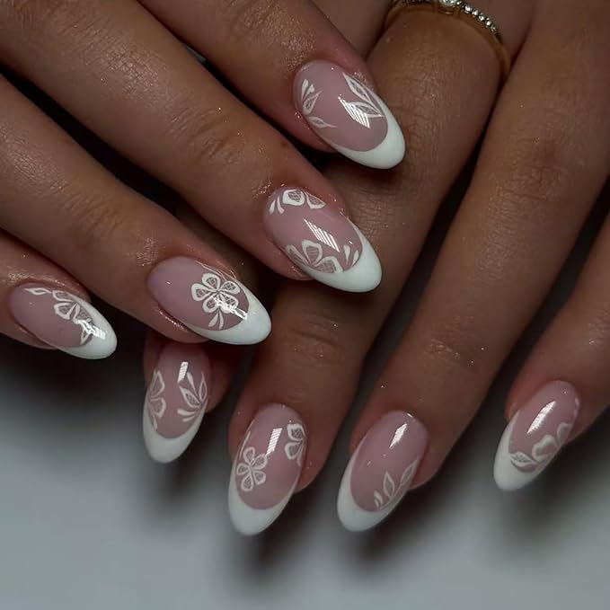 Short Almond Press on Nails Flower Fake Nails White Floral Leaves Design French Tip False Nails Spring Summer Stick on Nail Full Cover Acrylic Glue on Nail Women Manicure Decoration Accessories 24Pcs