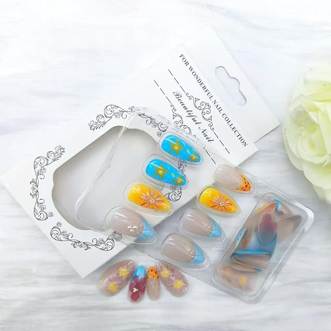 French Tip Press on Nails Short Almond Fake Nails with Water Ripples Design Tropical Flower Acrylic Nails Press on Full Cover Floral False Nail Gem Rhinestones Glue on Nail for Women Manicure 24Pcs