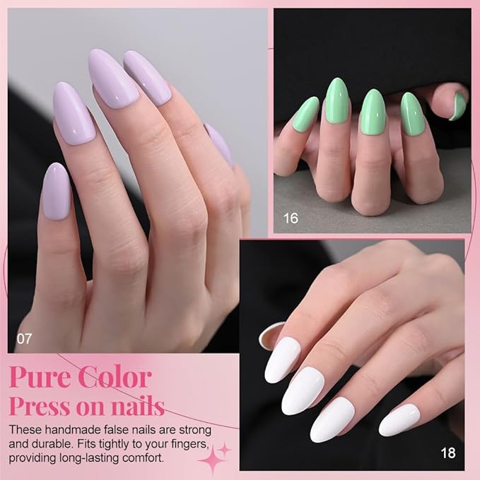 evpct 6 Colors Glossy Press on Nails Short Almond for Women, Glossy Fake Nail with Glue Salon Quality Reusable Stick on Nails In 15 Sizes 180Pcs Full Cover False Nail Soft Gel Set Kit for Gift, Set03