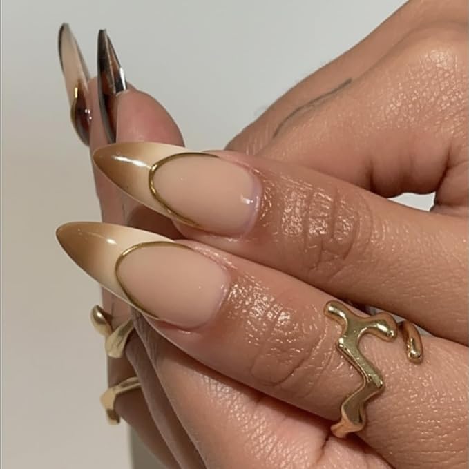 Long Almond Shape Press on Nails Luxury Fake Nails with Floral Design and Gold Accents Stick on Nail for Women 24pcs