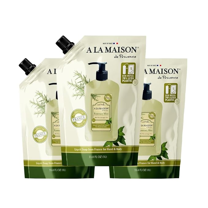 A LA MAISON French Liquid Hand Soap RefilL - Natural Hand Wash Made with Essential Oils - Biodegradable, Plant-Based, Vegan, Cruelty-Free (33.8 Fl Oz Pouch, 3 Pack, Rosemary Mint)