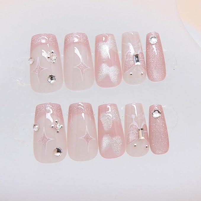 24Pcs Pink Press on Nails Short Coffin Fake Nails Butterfly Star with Rhinestones Design Full Cover Glue on Nails Artificial French Tip False Nails Glitter Stick on Nails for Women Girls Acrylic Nail