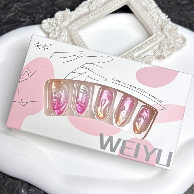 30Pcs Flower Press on Nails Medium Almond Fake Nails 3D Flowers Irregular Lines Rhinestones Designs Full Cover French Tip Glue on Nails Summer False Nails for Women Girls Acrylic Nail Decorations