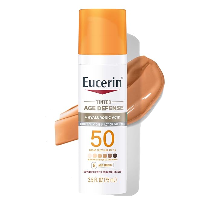 Eucerin Sun Tinted Age Defense SPF 50 Face Sunscreen Lotion, Hypoallergenic, Fragrance Free Tinted Sunscreen SPF 50 with Hyaluronic Acid, 2.5 Fl Oz Bottle