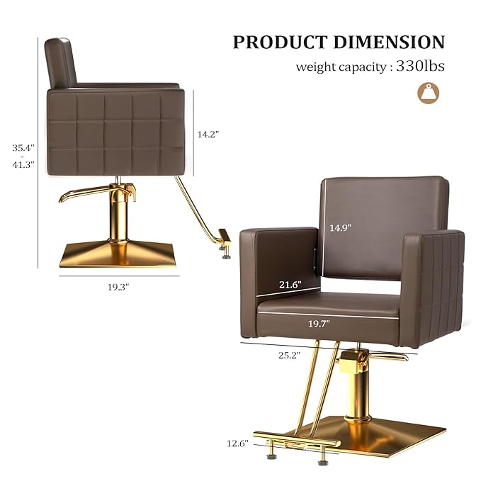 mefeir Brown and Gold Barber Chair Hair Salon Chair with Heavy Duty Hydraulic Pump, Square Base, Stainless Steel Footrest,Styling Chair for Beauty Spa Hairdressing Braiding