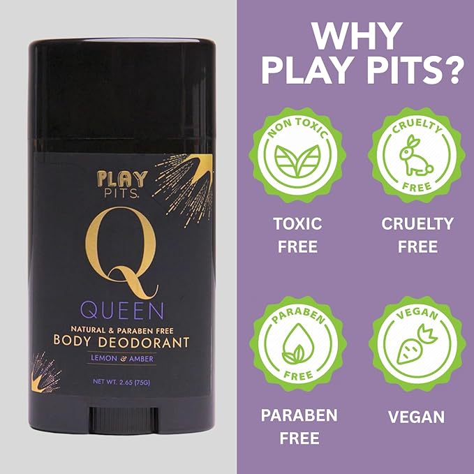 PLAY PITS - 2 Pack - Natural Deodorant - Safe for Men & Women w/Sensitive Skin - Clean, Non-Toxic, & Paraben Free – QUEEN Scent - Infused w/Essential Oils – 2.65 Oz.