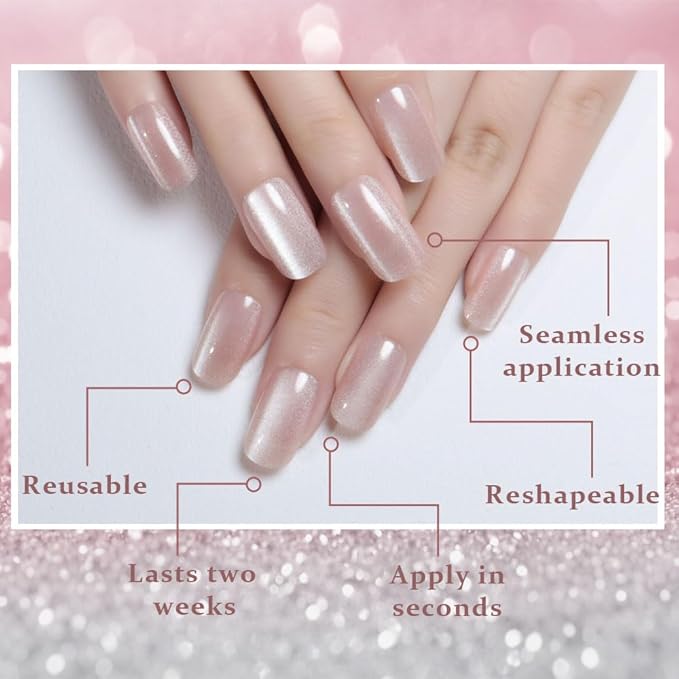 Light Nude Cat Eye Press on Nails Medium Square, Medium Square Press Glue on Nails Chrome for Women Gift, Nude Holographic Glitter Glossy Reusable Soft Gel Acrylic Fake Nail with Designs Cateye Effect