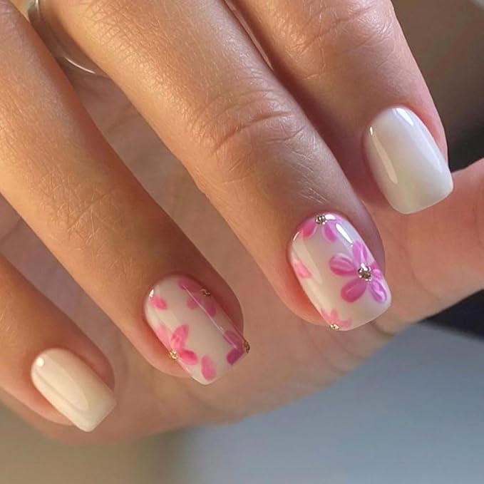 White Press On Nails Extra Short Square, Pink Flower Sticke On Nails Kit, Floral Designer Reusable Acrylic Nails Press Ons, Fake Nails With Glue On Nails Set, Daily Wea False Nails For Women