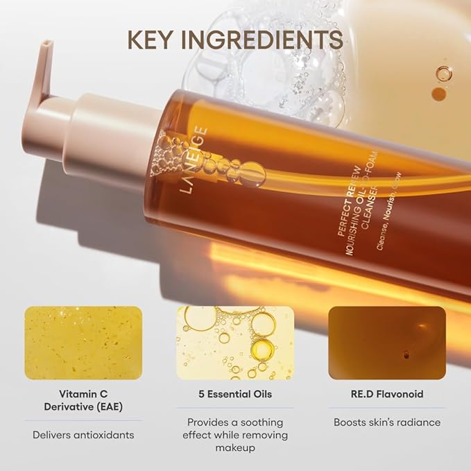 LANEIGE Perfect Renew Nourishing Oil-to-Foam Cleanser: 2-in-1 Anti-Aging Face Wash for a Radiant Glow to Remove Makeup, Sunscreen, & Impurities