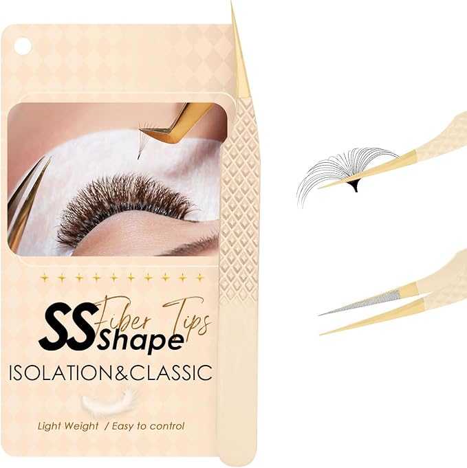 Beige Fiber Tip Lash Tweezers for Eyelash Extensions – SS Shape for Isolation & Classic Lashes, Professional Lash Extension Tool