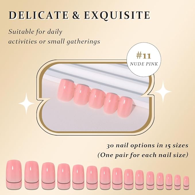 evpct Nude Pink Short Squoval Glossy Press on Nails for Women Gift, Glossy Nude Pink Fake Nail with Nail Glue Manicure Kit, Soft Gel Full Cover Reusable Stick Glue on Acrylic False Nails Perfectly Fit