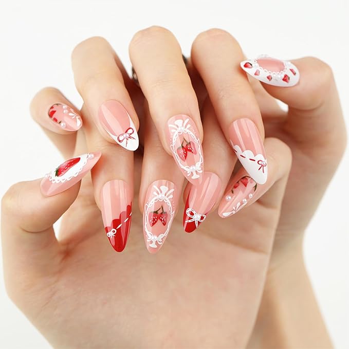 24pcs French Tip Press on Nails Medium Almond Fake Nails with Pearl Designs Cute Bow Stick on Nails Strawberry False Nails Red White French Nail Tips Acrylic Nails Glue on Nails for Women