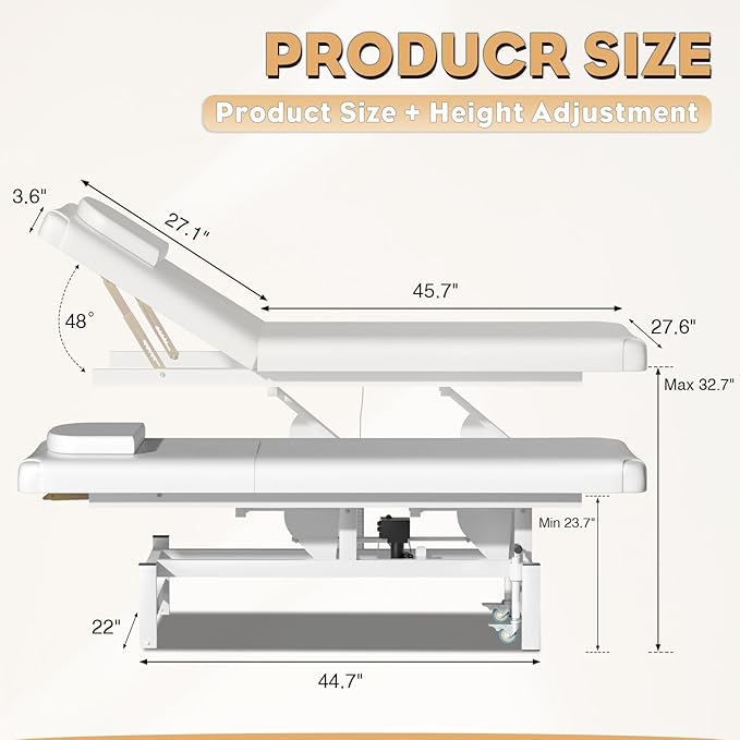 Electric Adjustable Backrest Massage Table for Esthetician, Heavy Duty Professional Electric Lift Massage Bed for Spa Treatment, Salon, Physical Therapy, Facial, Tattoo, Reiki, and Beauty, White